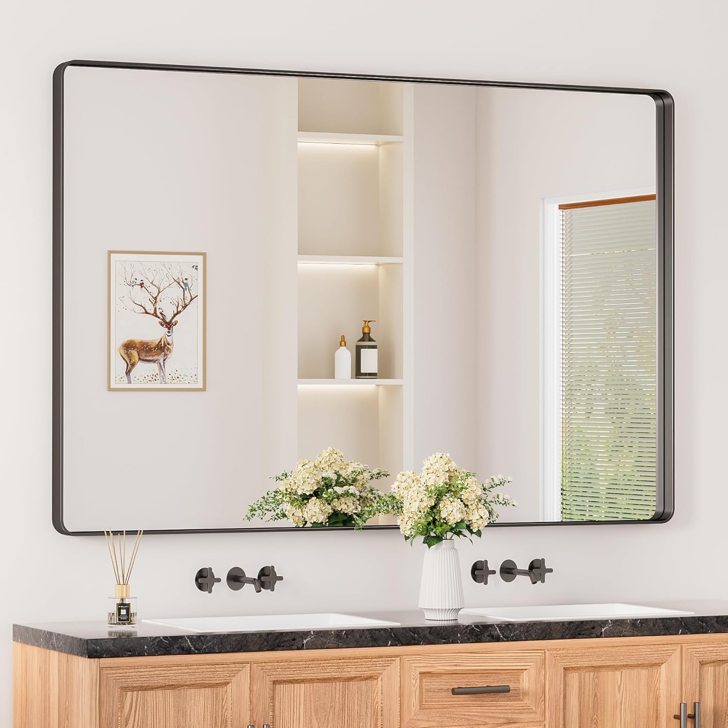 Keonjinn 20 x 30 Inch Brushed Nickel Bathroom Mirrors for Over Sink, Rounded Rectangle Silver Bathroom Vanity Mirror, Farmhouse Mirror for Wall, HD Tempered Glass, Anti-Rust Aluminum Alloy Mirror