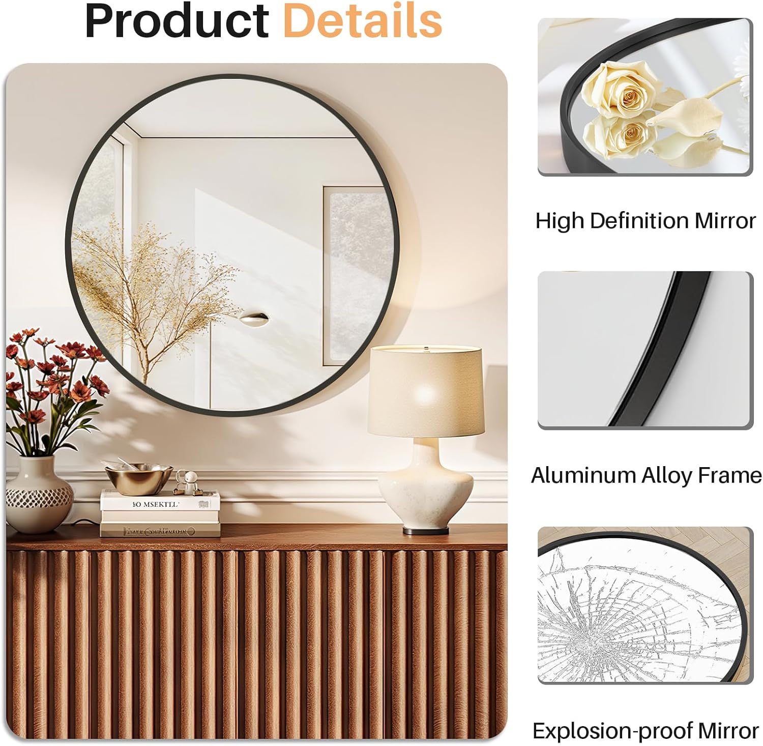 Bathroom Mirror for Wall, 30 Inch Round Mirror, Matte Black Metal Framed Circle Vanity Mirror for Bathroom Bedroom Living Room Entryway, Anti-Rust, Tempered Glass, Hanging or Leaning