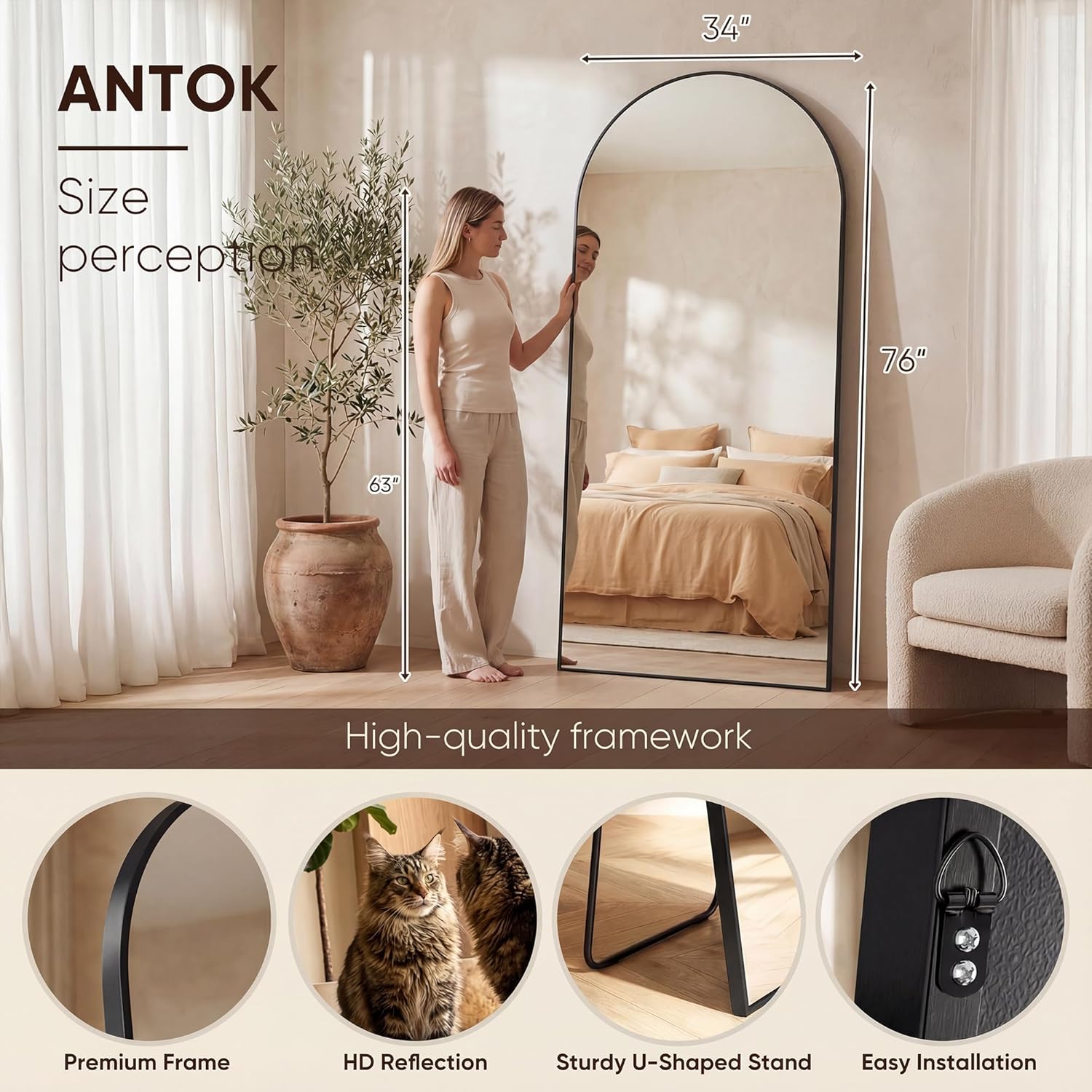 Antok Full Length Mirror, 76"x34" Floor Mirror, Arched Floor Standing Freestanding Arch Full Body Mirrors with Stand for Bedroom, Hanging Mounted for Living Room Cloakroom,Black