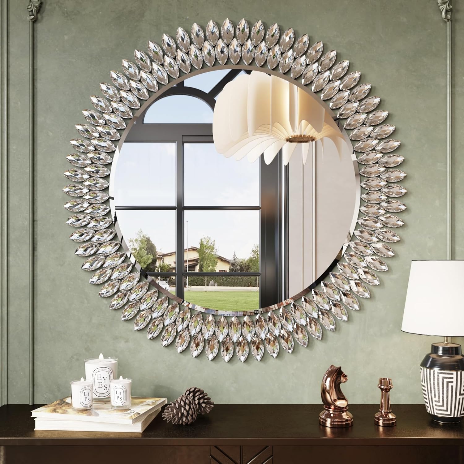 Kelly Miller Round Jeweled Mirror for Wall Decor, 26 in Modern Decorative Wall Mirror with Luxury Diamonds Beveled Vanity Mirror for Bedroom Dresser, Living Room Table, Bathroom, Hallway, Entryway