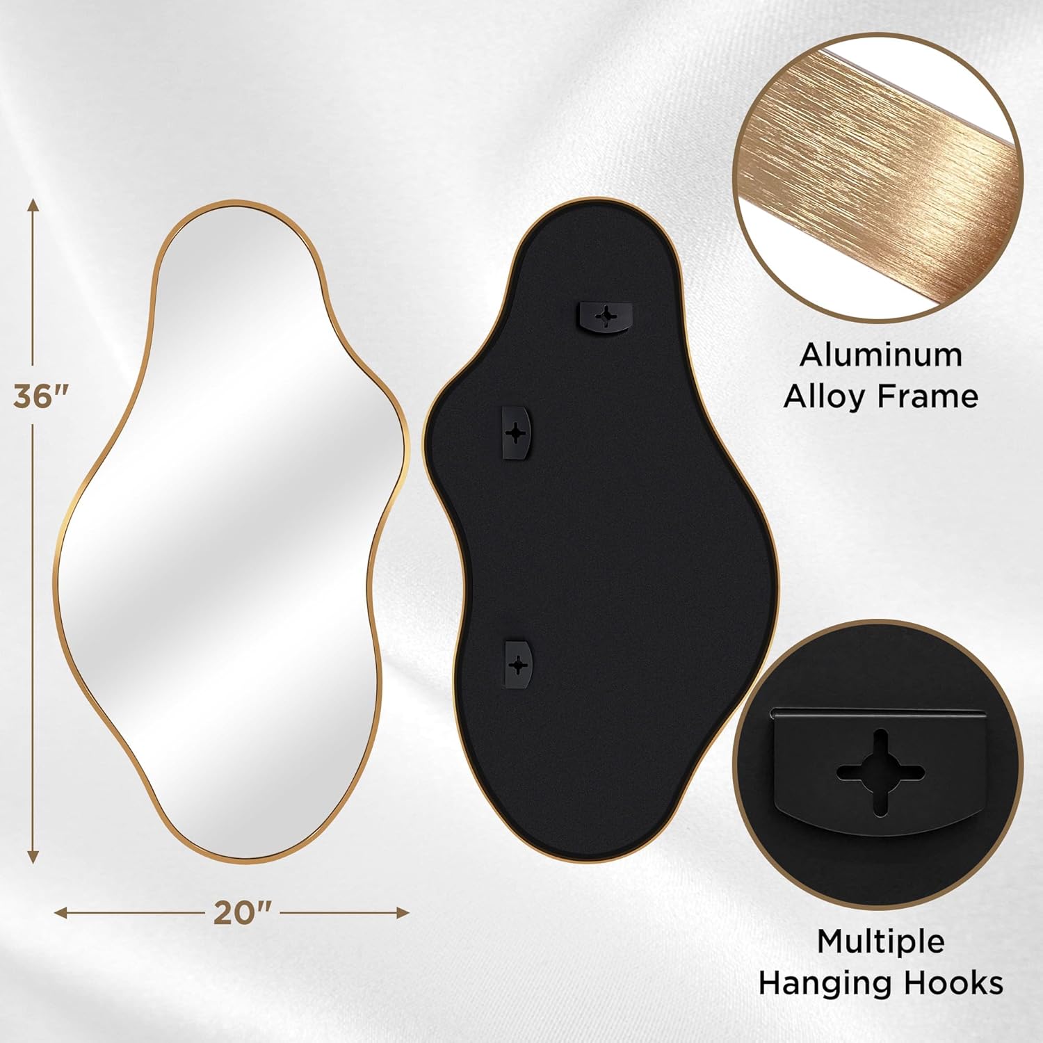 Irregular Wall Mirror, 20"x36" Gold Abstract Asymmetrical Mirrors for Wall, Decorative Cloud Wavy Mirror for Bathroom, Bedroom, Cloakroom, Entryway, Shatter-Proof Aluminum Alloy Frame