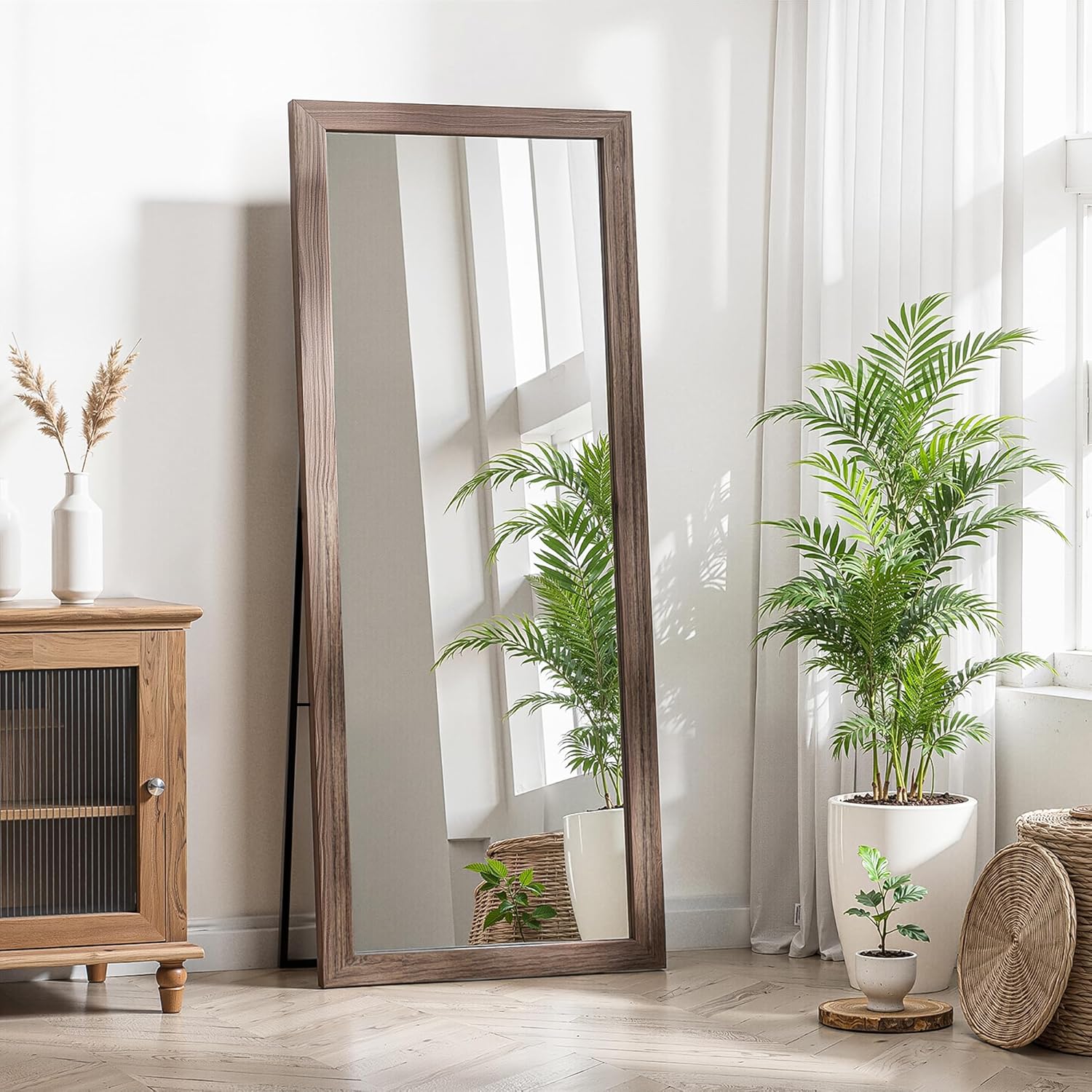 Full Length Wooden Mirror for Wall or Floor, 56"x20" Rustic Farmhouse Solid Wood Frame with Stand, Large Rectangular Wall-Mounted or Leaning Mirror for Bedroom, Living Room, Entryway