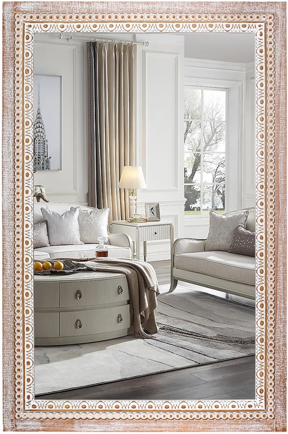 24 Inch Wooden Round Mirror for Wall Decor, Farmhouse Rustic Decorative Circle Mirrors with Beaded Frame, for Bedroom, Bathroom, Living Room, Entryway - Housewarming Gift