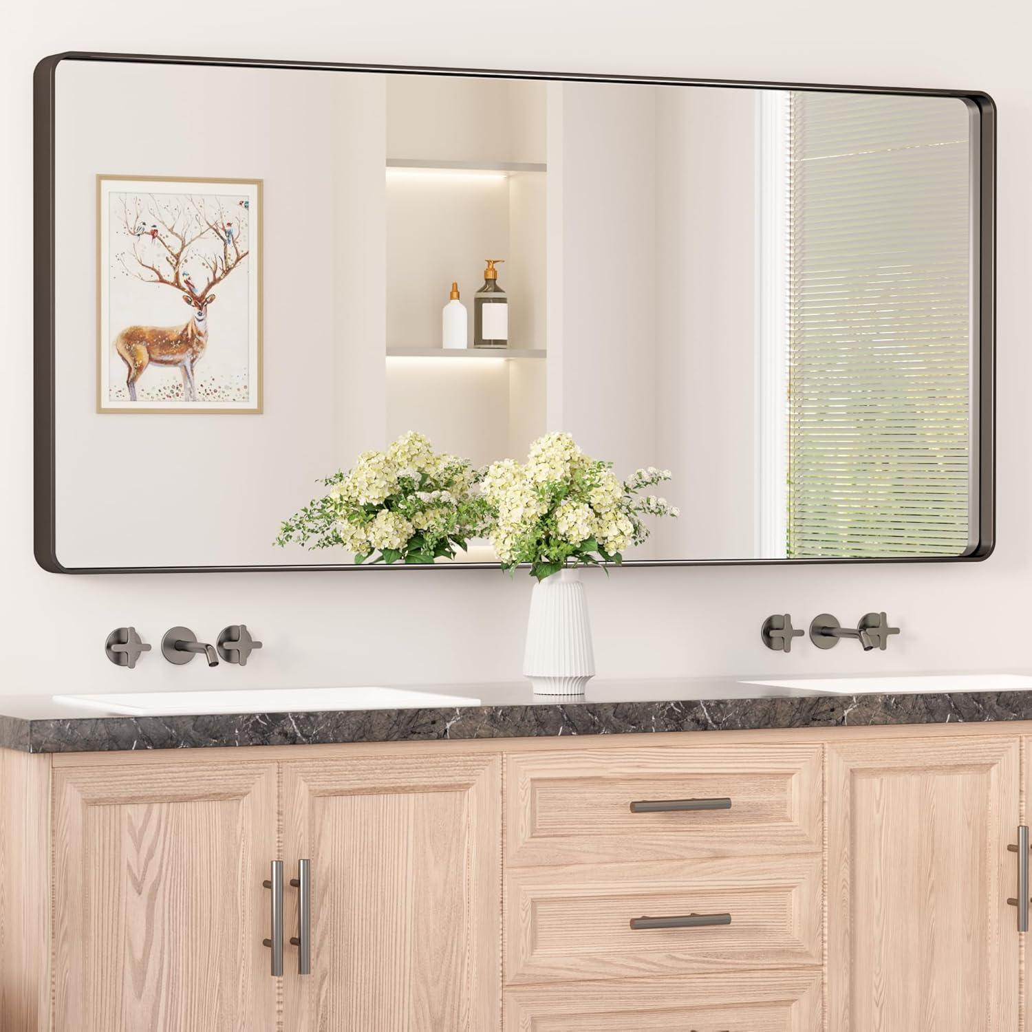 Keonjinn 20 x 30 Inch Brushed Nickel Bathroom Mirrors for Over Sink, Rounded Rectangle Silver Bathroom Vanity Mirror, Farmhouse Mirror for Wall, HD Tempered Glass, Anti-Rust Aluminum Alloy Mirror