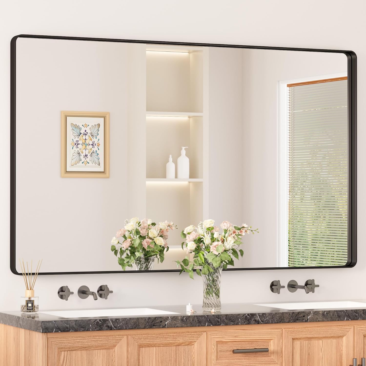 Keonjinn 20 x 30 Inch Brushed Nickel Bathroom Mirrors for Over Sink, Rounded Rectangle Silver Bathroom Vanity Mirror, Farmhouse Mirror for Wall, HD Tempered Glass, Anti-Rust Aluminum Alloy Mirror