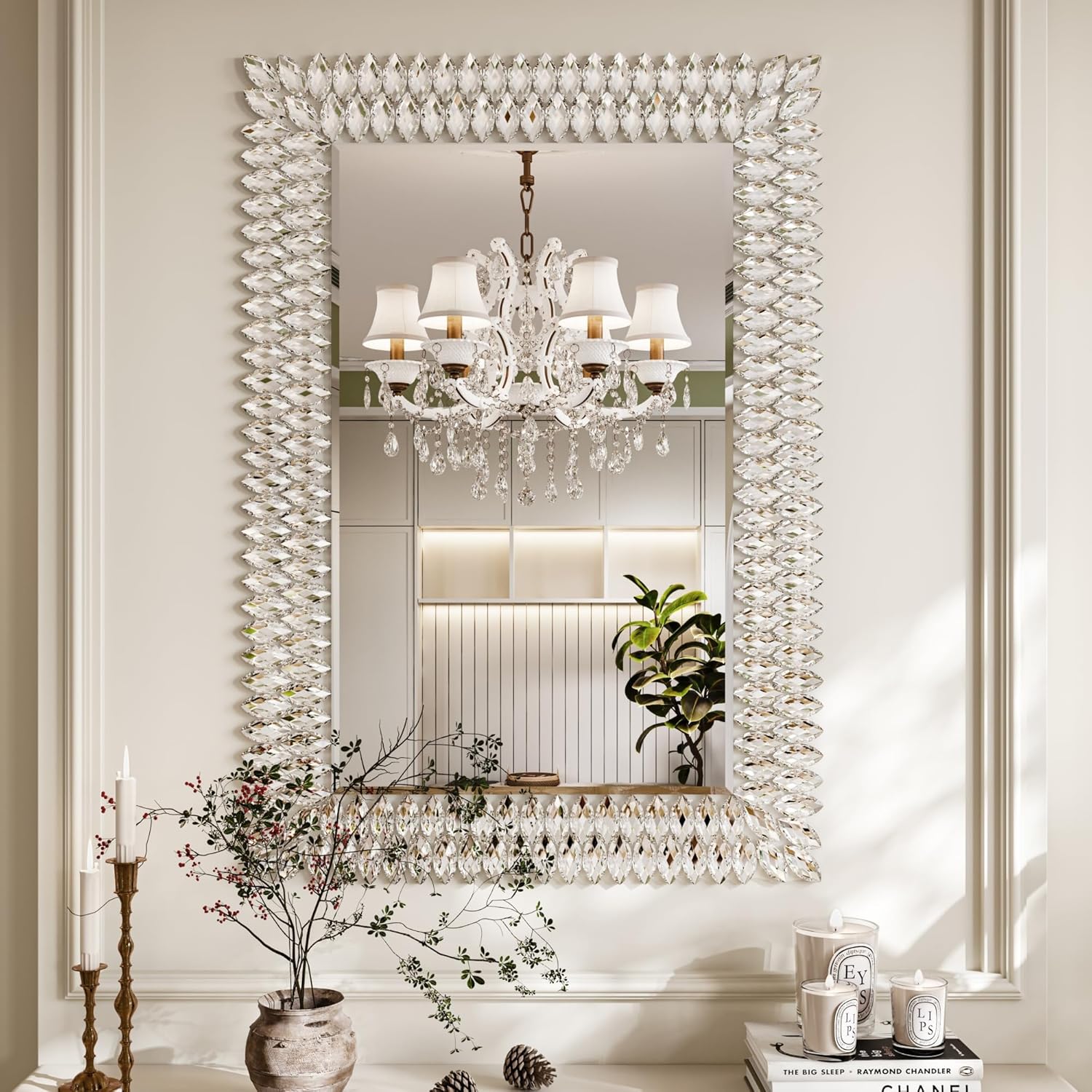 Kelly Miller Round Jeweled Mirror for Wall Decor, 26 in Modern Decorative Wall Mirror with Luxury Diamonds Beveled Vanity Mirror for Bedroom Dresser, Living Room Table, Bathroom, Hallway, Entryway