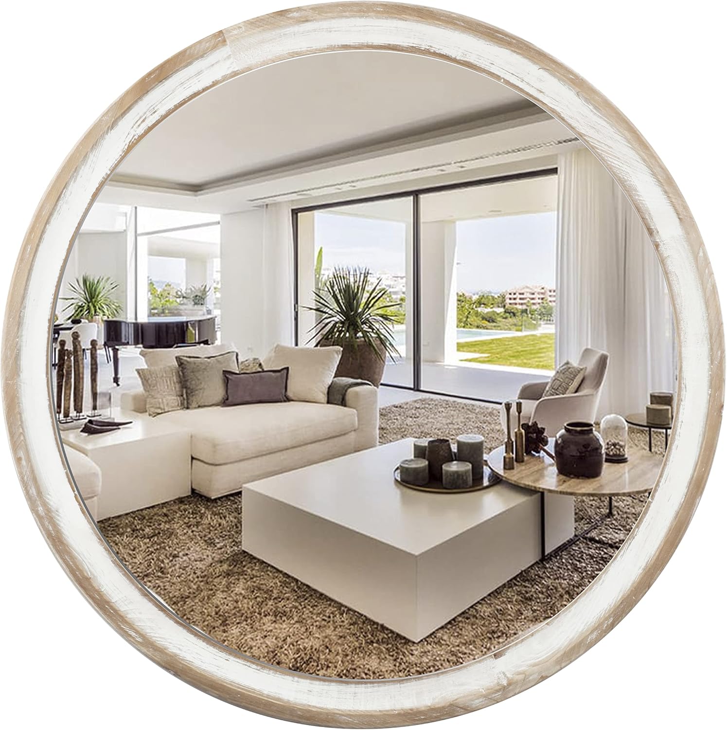 24 Inch Wooden Round Mirror for Wall Decor, Farmhouse Rustic Decorative Circle Mirrors with Beaded Frame, for Bedroom, Bathroom, Living Room, Entryway - Housewarming Gift