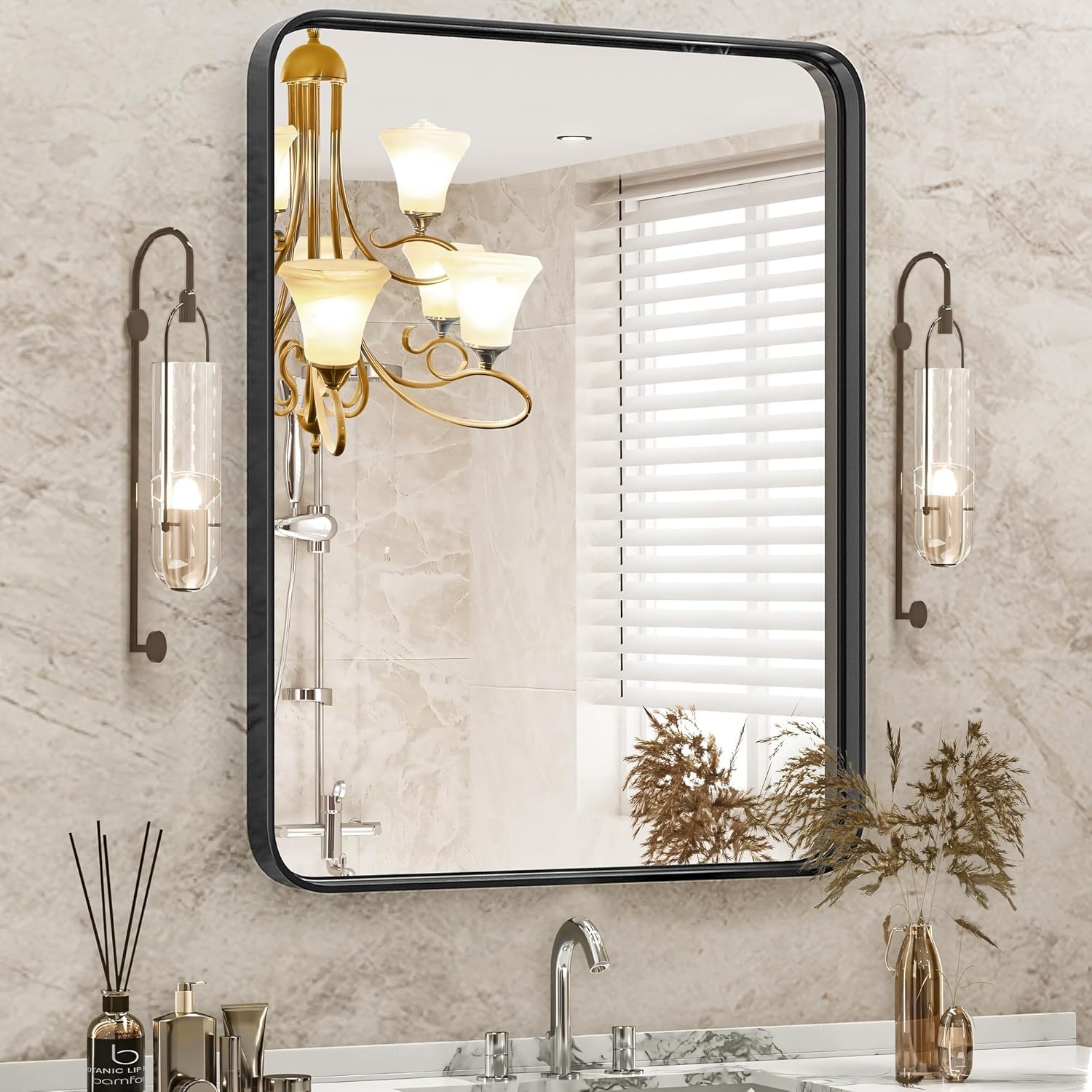 DUMOS Black Vanity Bathroom Mirror for Wall, Metal Framed Rounded Rectangular Modern Mirrors for Over Sink, 30x40 Inch for Farmhouse, Tempered Glass, Hangs Horizontally or Vertically