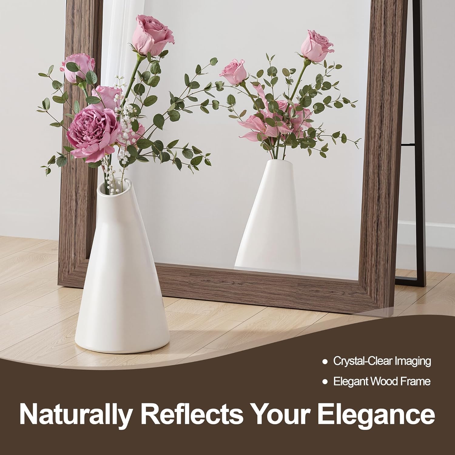 Full Length Wooden Mirror for Wall or Floor, 56"x20" Rustic Farmhouse Solid Wood Frame with Stand, Large Rectangular Wall-Mounted or Leaning Mirror for Bedroom, Living Room, Entryway