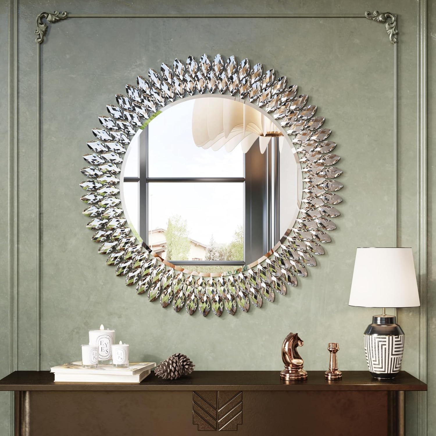 Kelly Miller Round Jeweled Mirror for Wall Decor, 26 in Modern Decorative Wall Mirror with Luxury Diamonds Beveled Vanity Mirror for Bedroom Dresser, Living Room Table, Bathroom, Hallway, Entryway