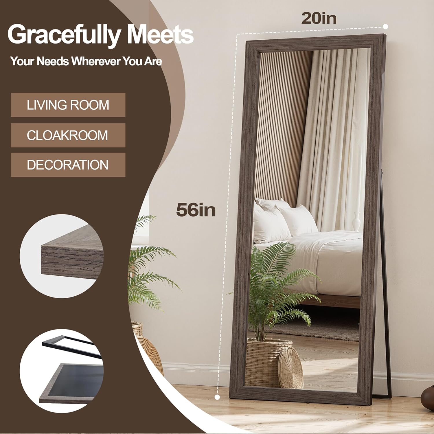 Full Length Wooden Mirror for Wall or Floor, 56"x20" Rustic Farmhouse Solid Wood Frame with Stand, Large Rectangular Wall-Mounted or Leaning Mirror for Bedroom, Living Room, Entryway