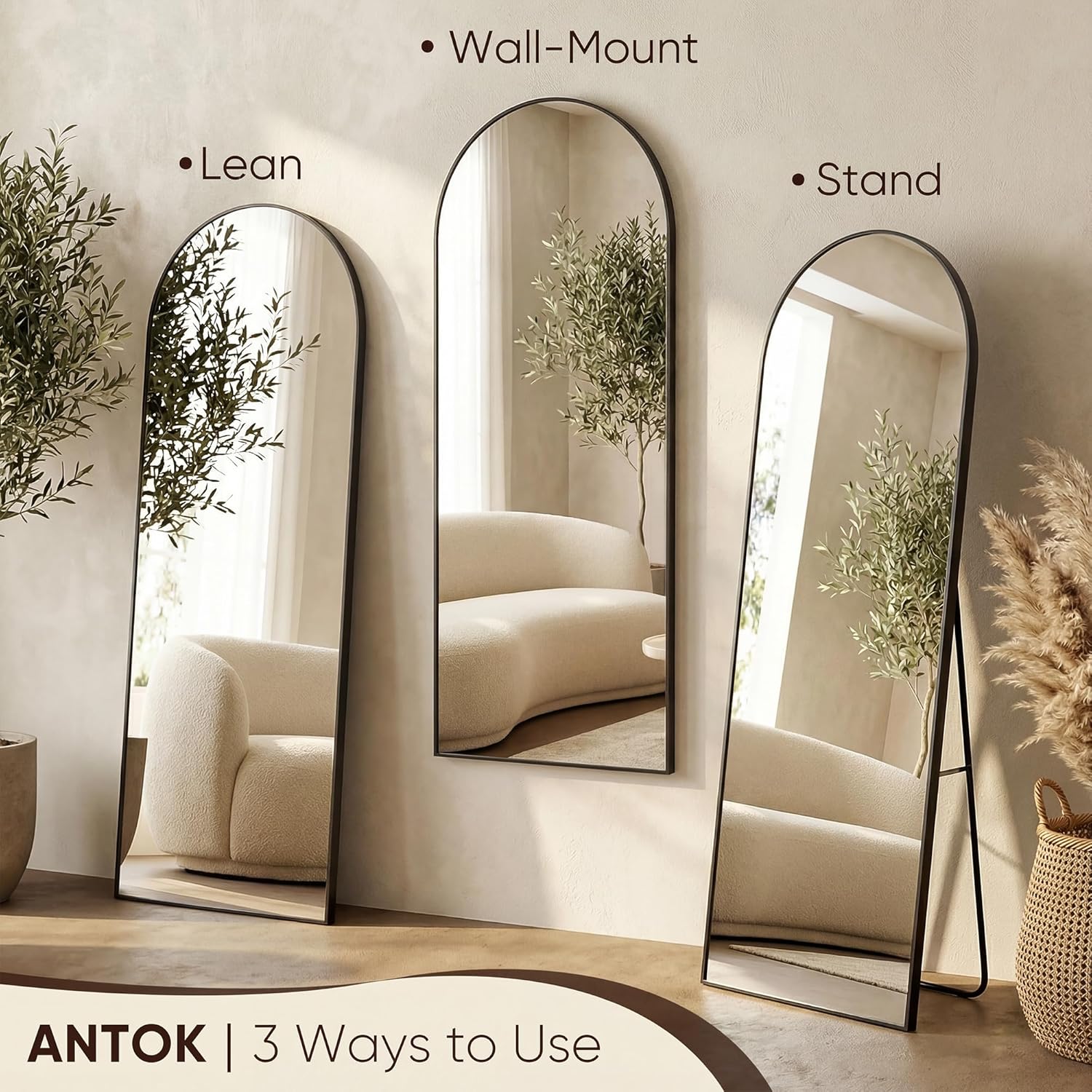 Antok Full Length Mirror, 76"x34" Floor Mirror, Arched Floor Standing Freestanding Arch Full Body Mirrors with Stand for Bedroom, Hanging Mounted for Living Room Cloakroom,Black