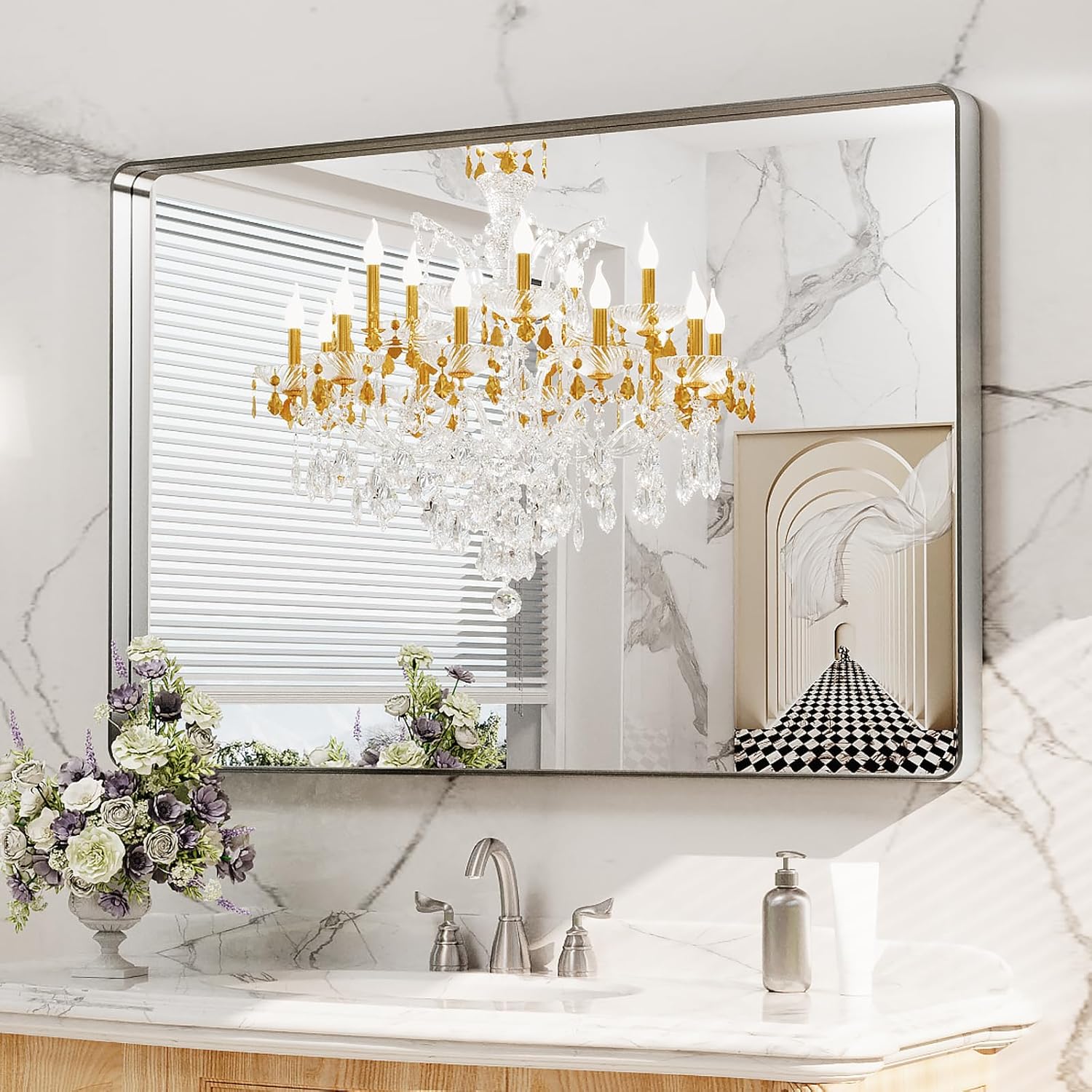LOAAO 24”X36” Gold Bathroom Mirror, Rounded Rectangle Gold Frame Mirror, Brushed Gold Bathroom Vanity Mirror Wall-Mounted, Anti-Rust, Hangs Horizontally or Vertically