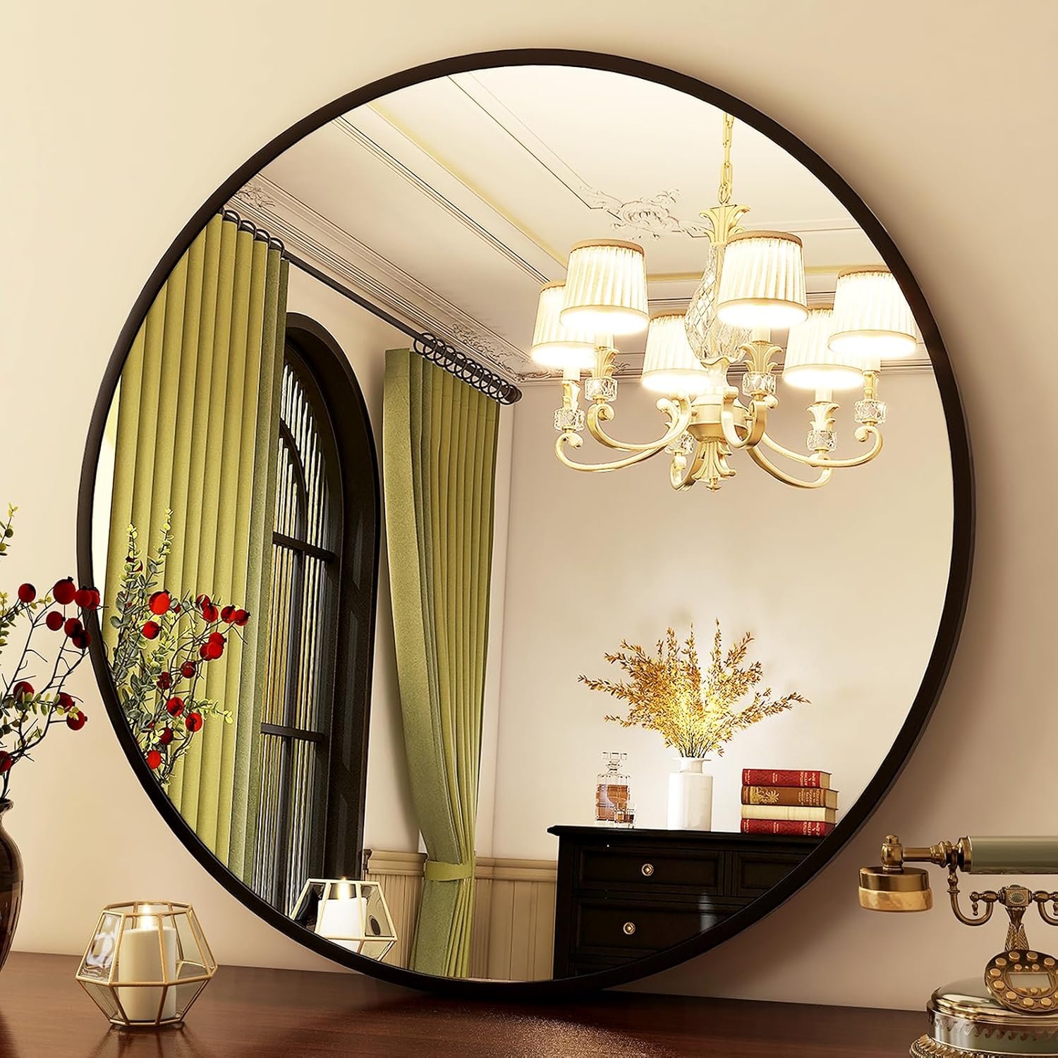 HARRITPURE Round Mirror 24 Black Wall Mounted Circle Mirrors Vanity Mirror with Brushed Aluminum Alloy Frame Modern Decoration for Bathroom, Living Room, Vanity, Bedroom, Entryway
