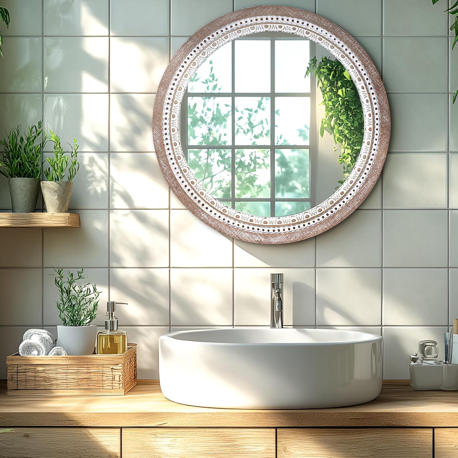 24 Inch Wooden Round Mirror for Wall Decor, Farmhouse Rustic Decorative Circle Mirrors with Beaded Frame, for Bedroom, Bathroom, Living Room, Entryway - Housewarming Gift