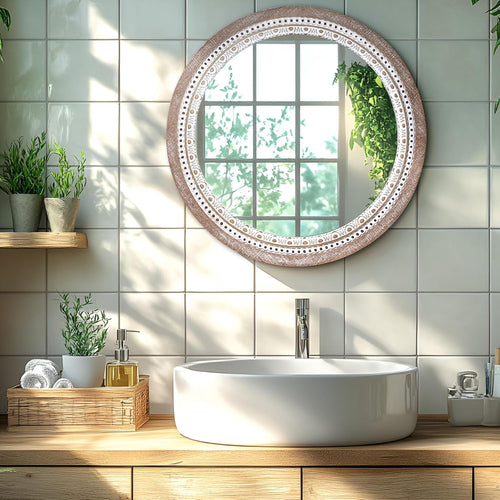 24 Inch Wooden Round Mirror for Wall Decor, Farmhouse Rustic Decorative Circle Mirrors with Beaded Frame, for Bedroom, Bathroom, Living Room, Entryway - Housewarming Gift