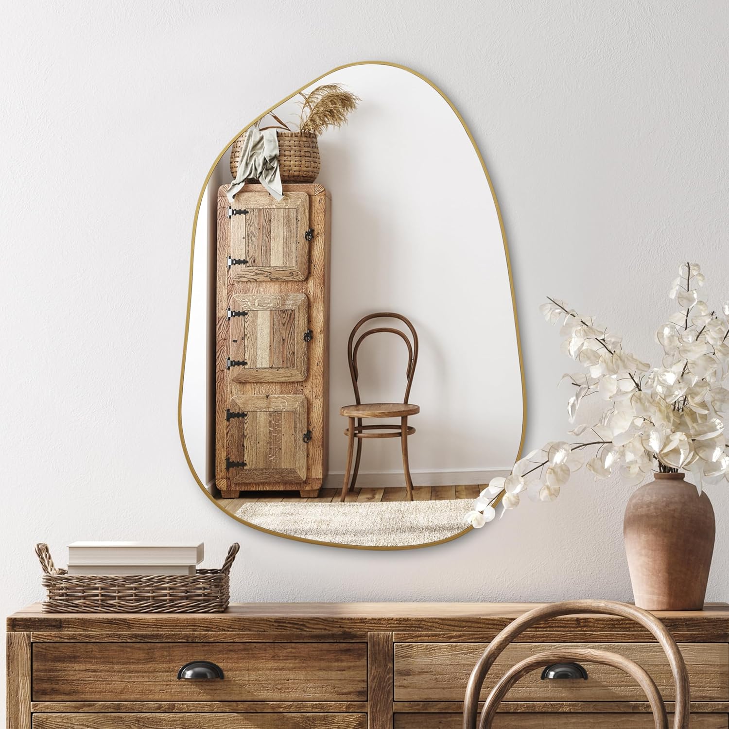PERFNIQUE Irregular Wall Mirror Asymmetrical Mirror, 32''x24'' Gold Mirror for Bathroom Bedroom Living Room Entryway, Decorative Modern Boho Decor, Wall Mouted(Gold, 32''x24'')